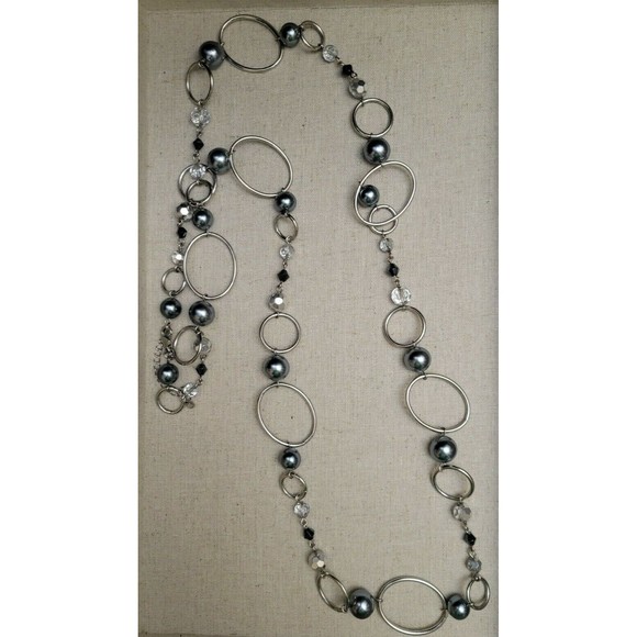 Lia Sophia Jewelry - Smokey Pearl AB Crystals Silver tone Oval Link Long Layered Necklace LIA SOPHIA